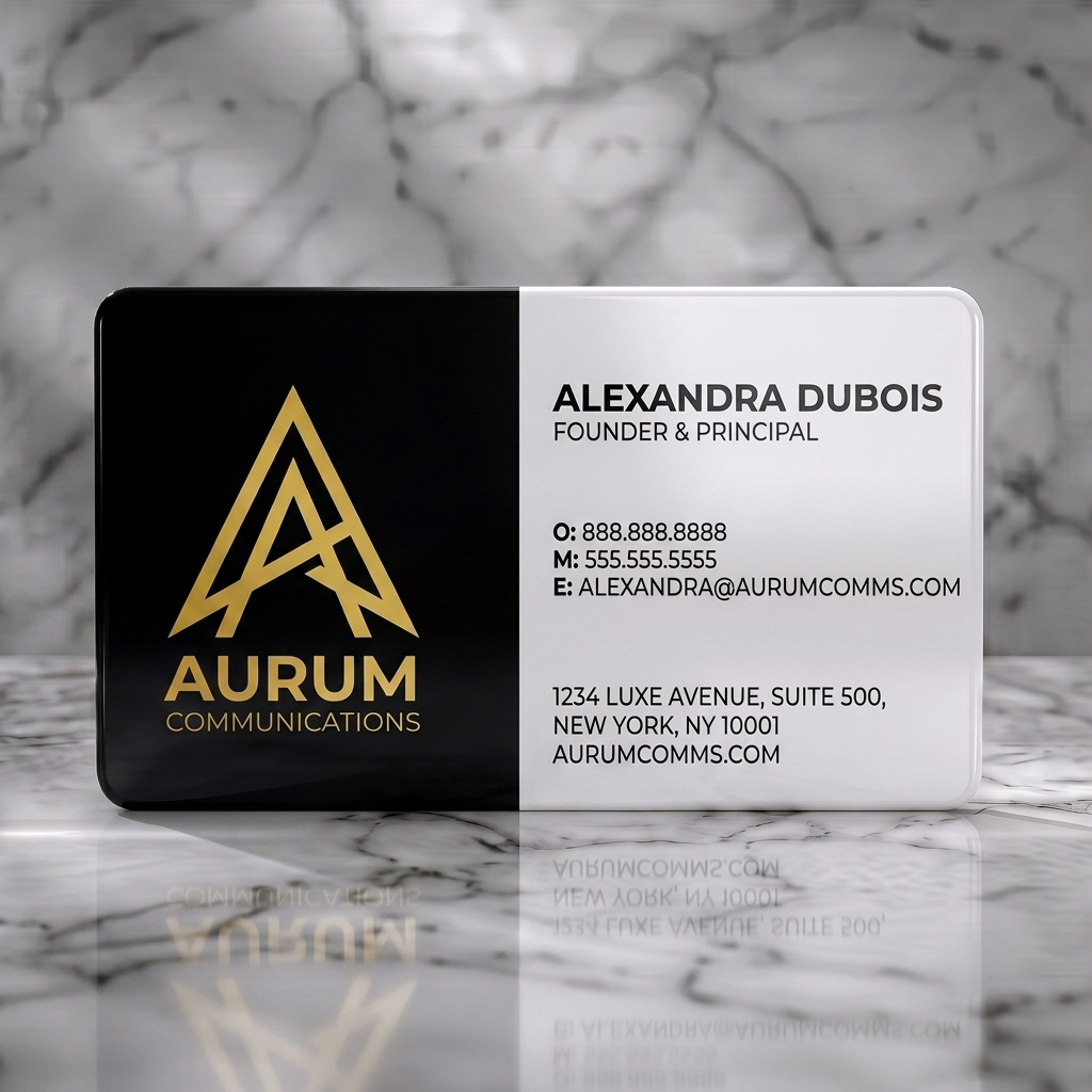 Solid white PVC business card featuring gold geometric A-logo, sans-serif typography in black, and a clean, minimalist split design