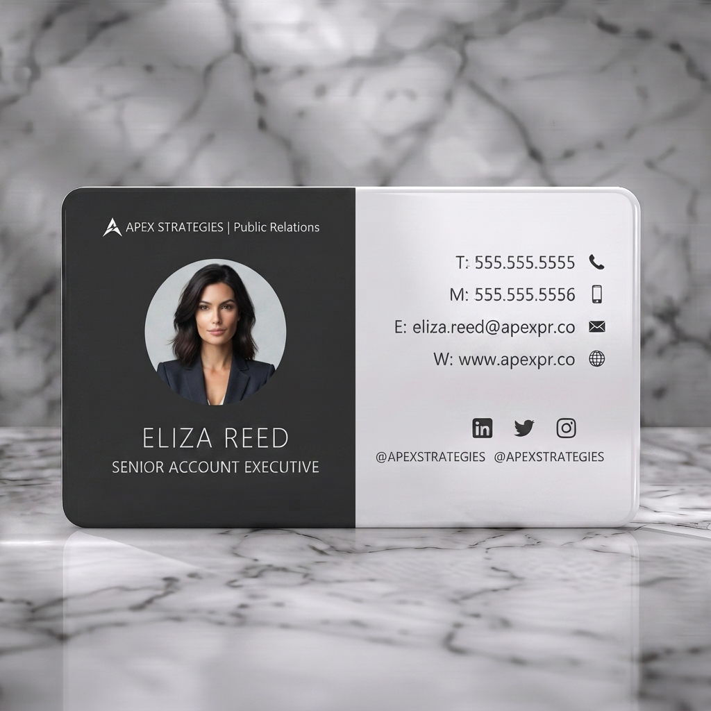 Solid white PVC business card featuring a modern split design, charcoal and white palette, sans-serif typography, professional photo, social icons