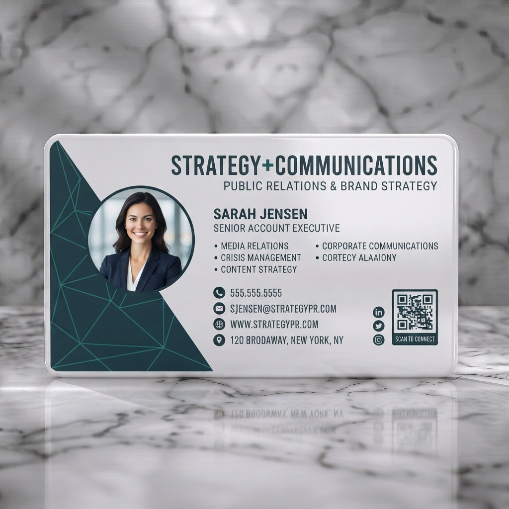 Solid white PVC business card featuring geometric pattern in dark teal, accent green, modern sans-serif typography, photo, and essential icons