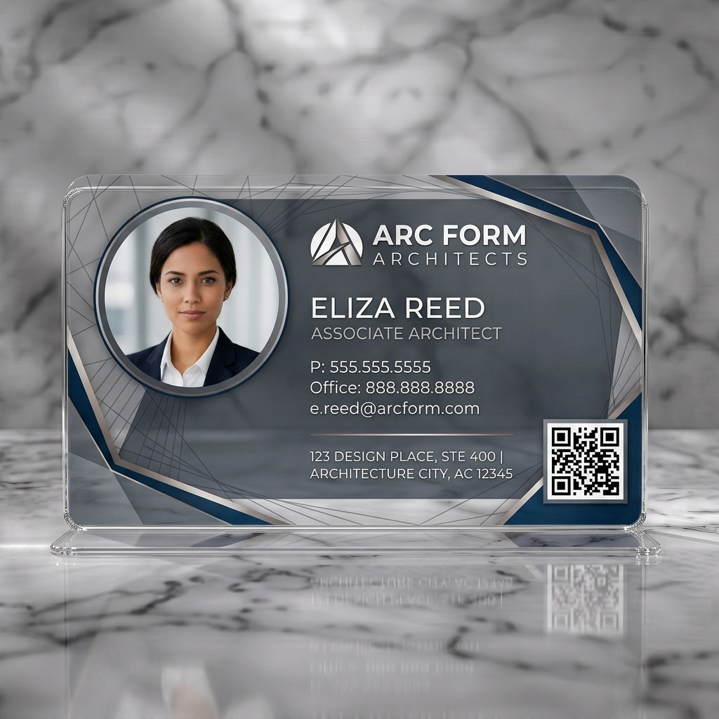 Clear plastic business card featuring sleek, geometric design, charcoal and navy palette, crisp sans-serif fonts, ARC FORM logo, and QR code