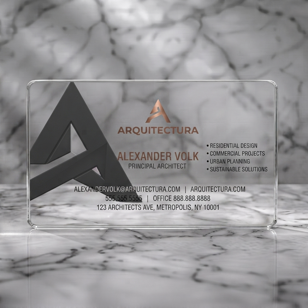 Clear plastic business card featuring sleek dark grey and rose gold design, geometric architectural motifs, and modern sans-serif typography