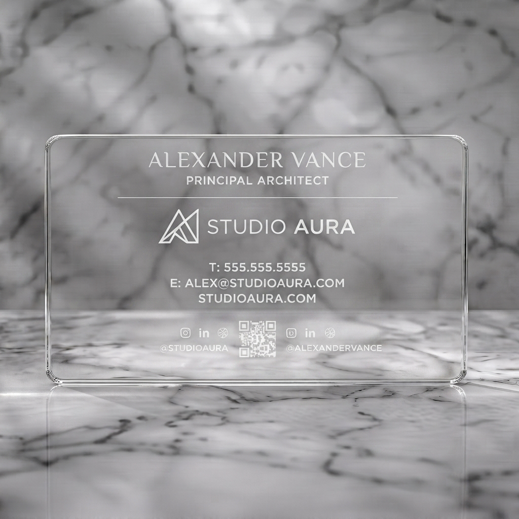 Clear plastic business card featuring minimalist white typography, geometric logo, sleek icons, and QR codes for a premium architectural brand