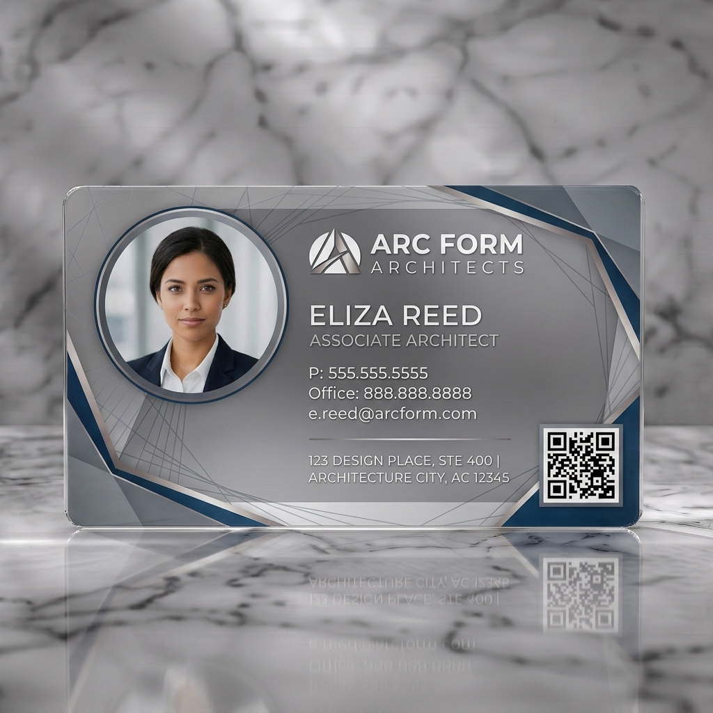 Frosted translucent plastic business card featuring sleek, geometric design, charcoal and navy palette, crisp sans-serif fonts, ARC FORM logo, and QR code