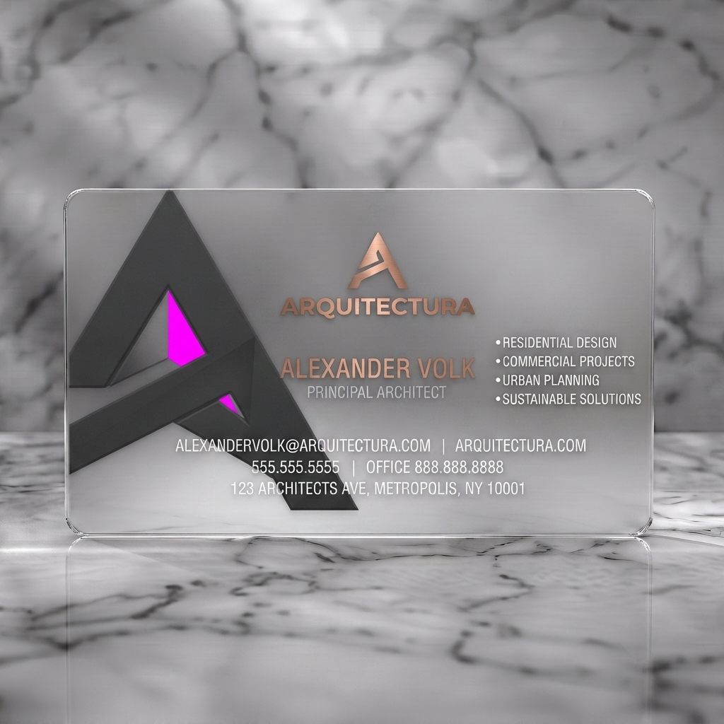 Frosted translucent plastic business card featuring sleek dark grey and rose gold design, geometric architectural motifs, and modern sans-serif typography