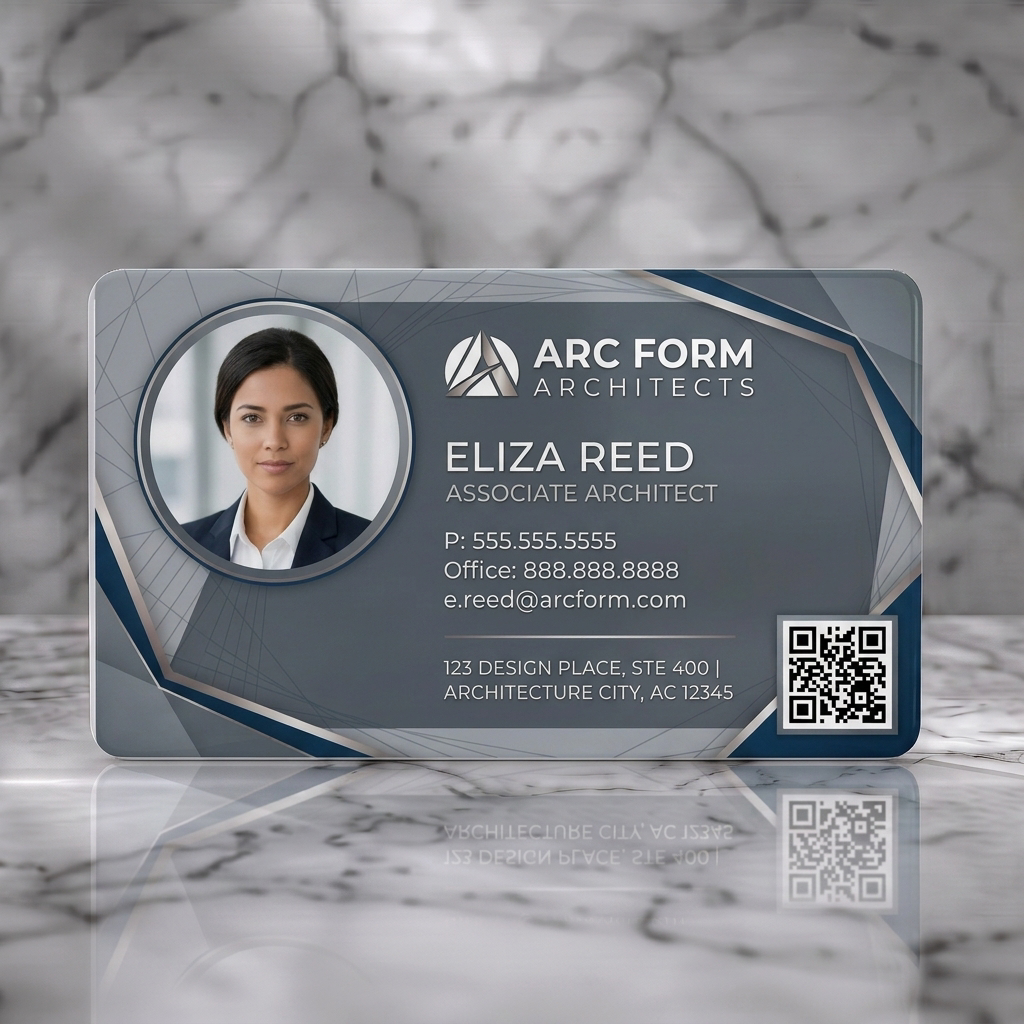 Solid white PVC business card featuring sleek, geometric design, charcoal and navy palette, crisp sans-serif fonts, ARC FORM logo, and QR code