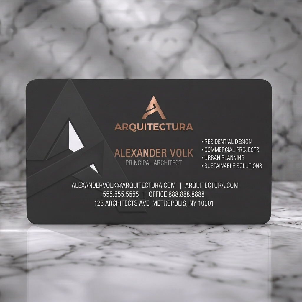 Solid white PVC business card featuring sleek dark grey and rose gold design, geometric architectural motifs, and modern sans-serif typography