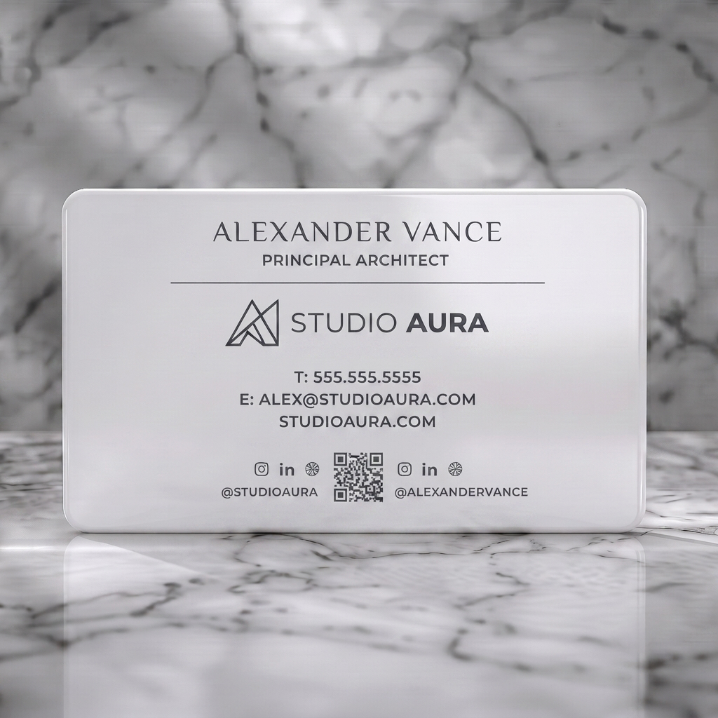 Solid white PVC business card featuring minimalist white typography, geometric logo, sleek icons, and QR codes for a premium architectural brand