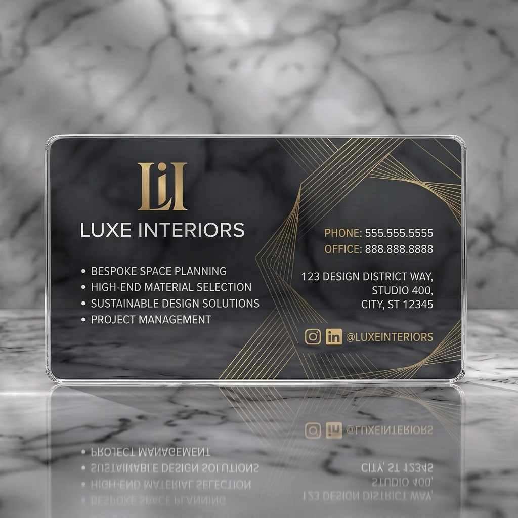 Clear plastic business card featuring sleek dark grey background, golden geometric pattern, modern typography, and social media icons