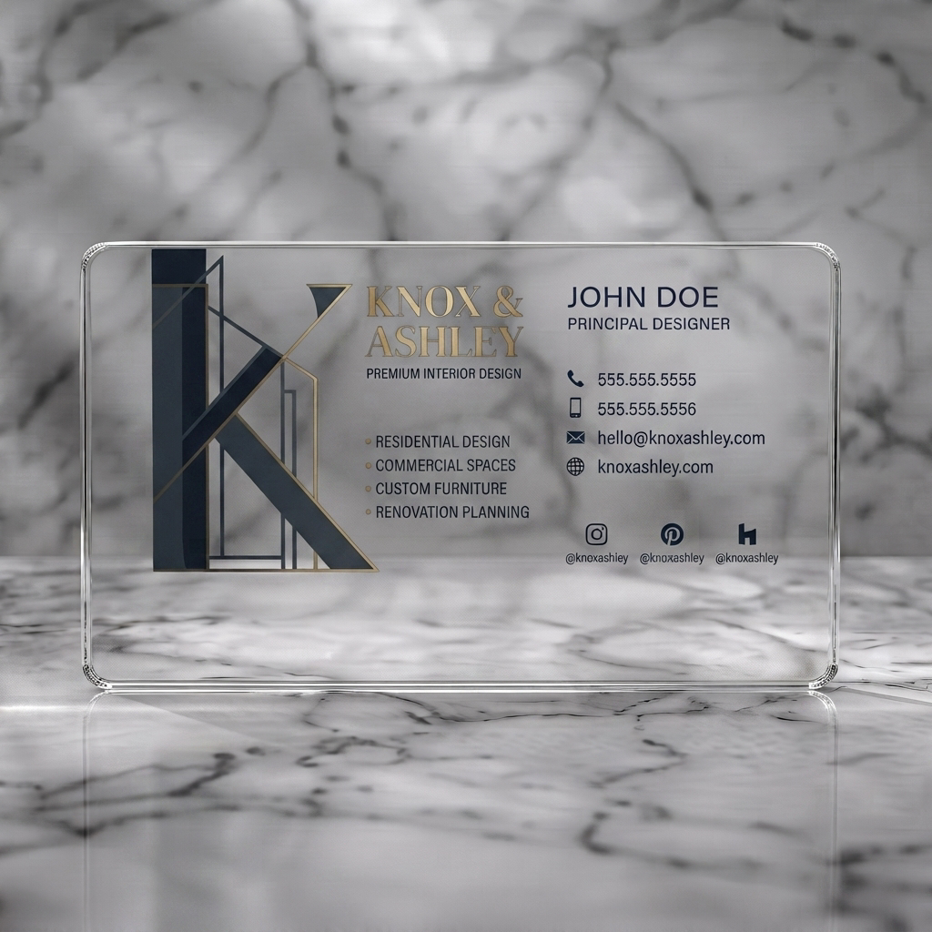 Clear plastic business card featuring a luxurious dark blue and gold geometric design, elegant serif fonts, and minimal contact icons
