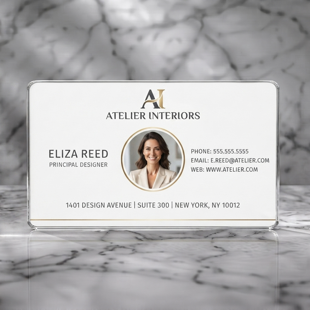 Clear plastic business card featuring premium minimalist design, gold accents, elegant serif & sans-serif fonts, and a personal photo