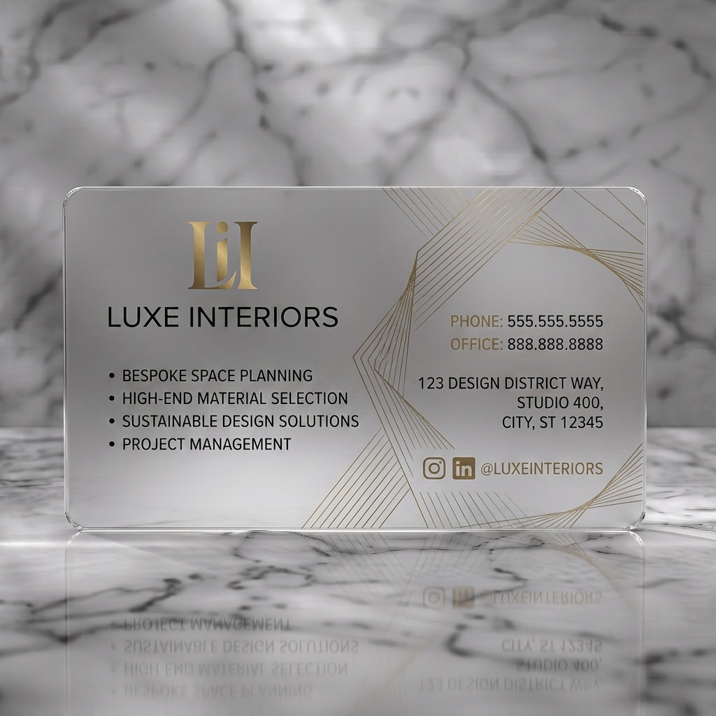 Frosted translucent plastic business card featuring sleek dark grey background, golden geometric pattern, modern typography, and social media icons