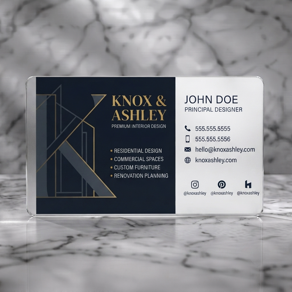 Frosted translucent plastic business card featuring a luxurious dark blue and gold geometric design, elegant serif fonts, and minimal contact icons