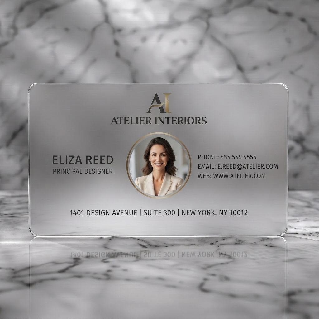 Frosted translucent plastic business card featuring premium minimalist design, gold accents, elegant serif & sans-serif fonts, and a personal photo