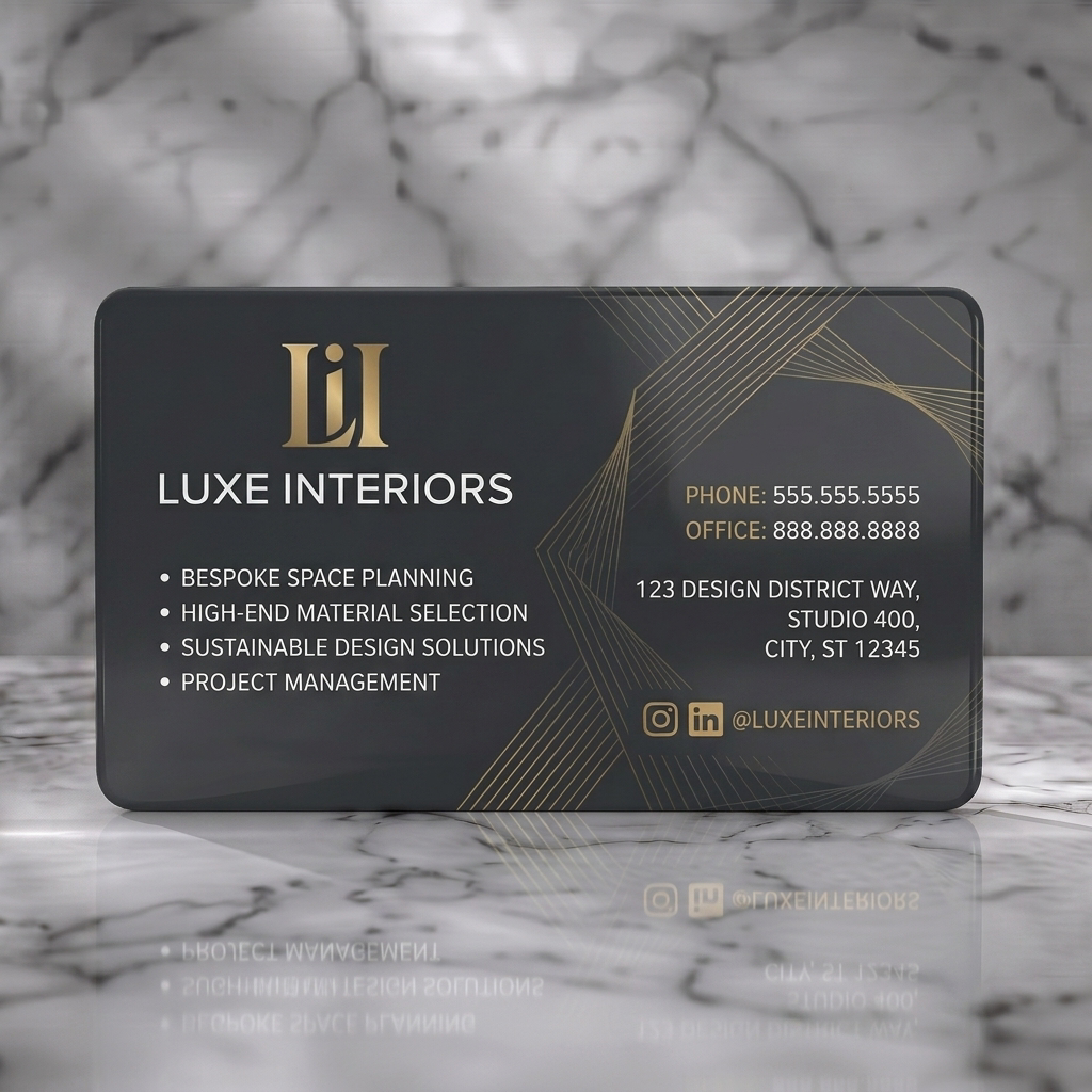 Solid white PVC business card featuring sleek dark grey background, golden geometric pattern, modern typography, and social media icons