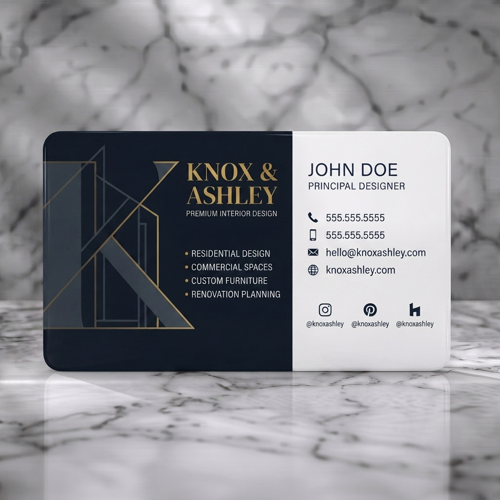 Solid white PVC business card featuring a luxurious dark blue and gold geometric design, elegant serif fonts, and minimal contact icons