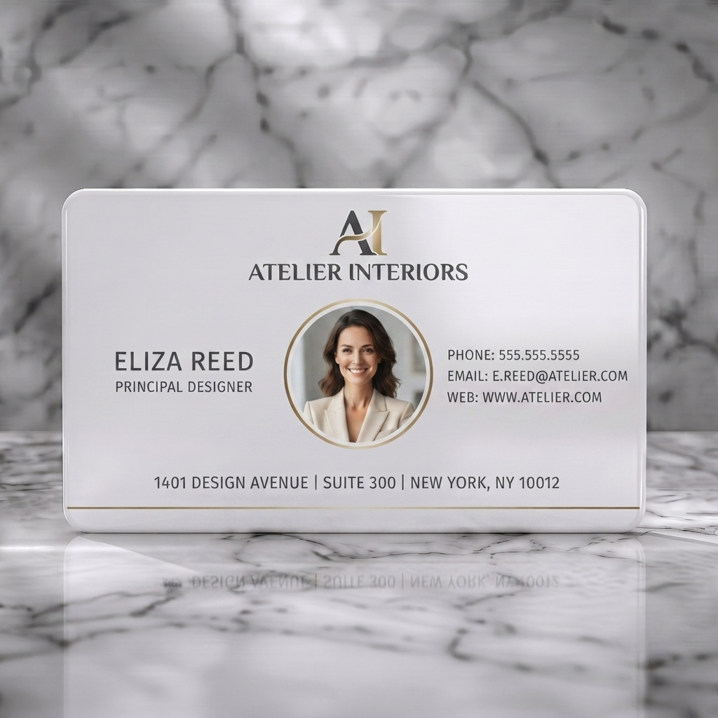 Solid white PVC business card featuring premium minimalist design, gold accents, elegant serif & sans-serif fonts, and a personal photo
