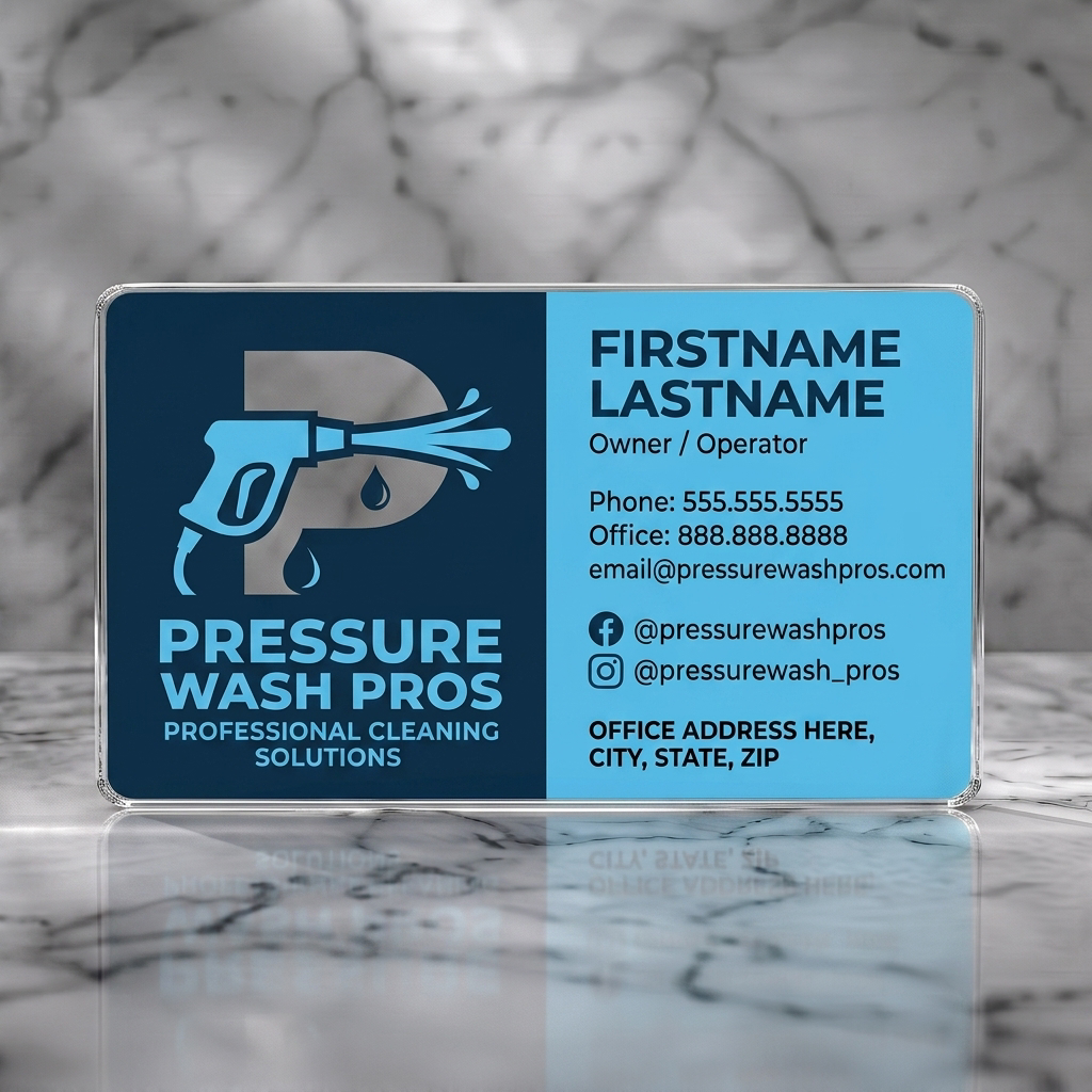 Clear plastic business card featuring a modern two-tone dark and light blue design, pressure washer logo, crisp sans-serif fonts, and social icons