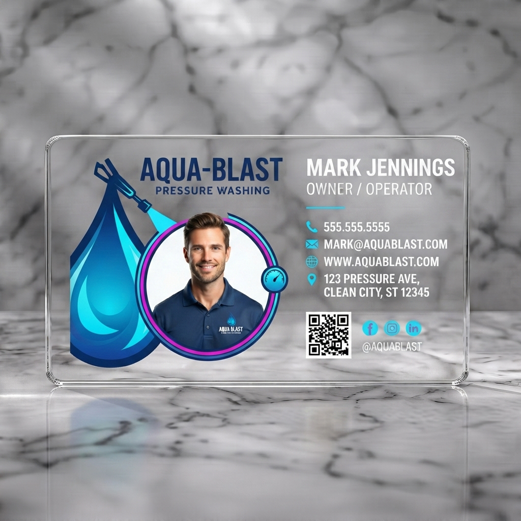 Clear plastic business card featuring vibrant blue and white palette, water-themed graphics, crisp sans-serif typography, and essential contact icons