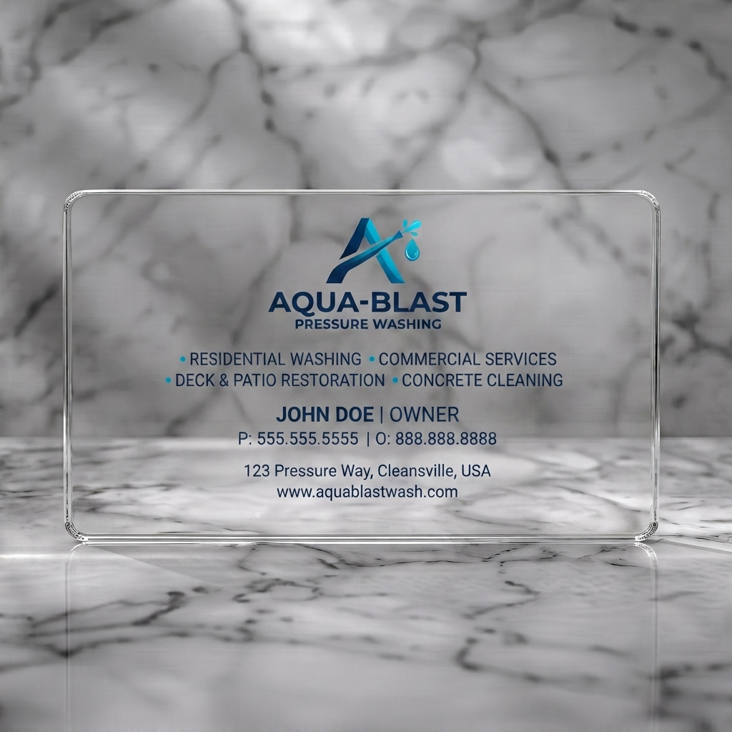 Clear plastic business card featuring clean, modern design with blue water spray logo, sans-serif typography, and subtle geometric patterns