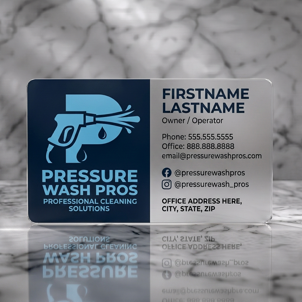 Frosted translucent plastic business card featuring a modern two-tone dark and light blue design, pressure washer logo, crisp sans-serif fonts, and social icons