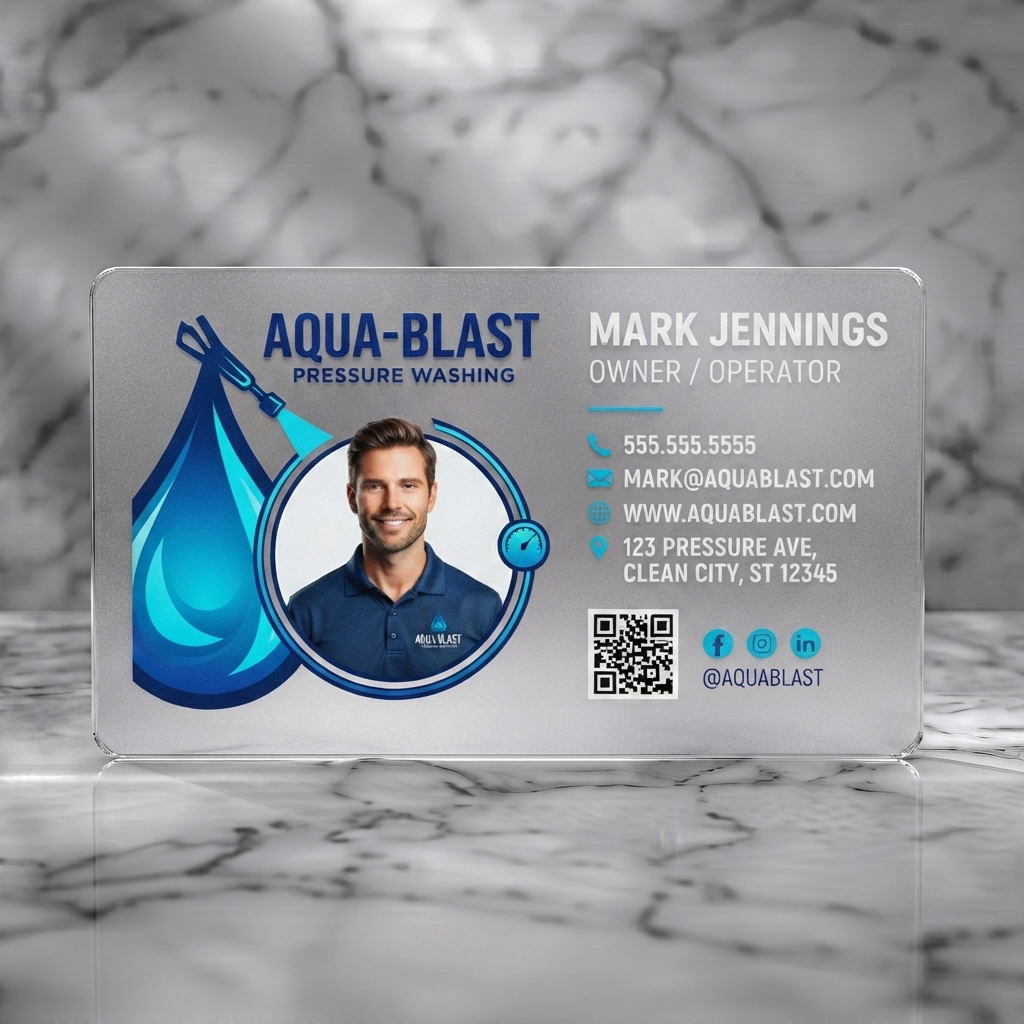 Frosted translucent plastic business card featuring vibrant blue and white palette, water-themed graphics, crisp sans-serif typography, and essential contact icons