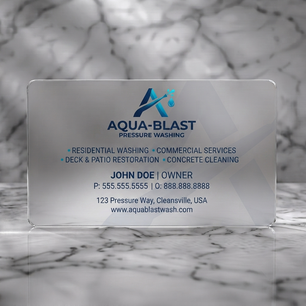 Frosted translucent plastic business card featuring clean, modern design with blue water spray logo, sans-serif typography, and subtle geometric patterns
