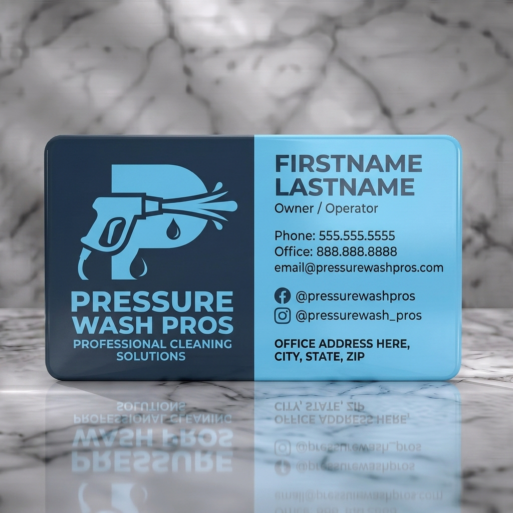 Solid white PVC business card featuring a modern two-tone dark and light blue design, pressure washer logo, crisp sans-serif fonts, and social icons