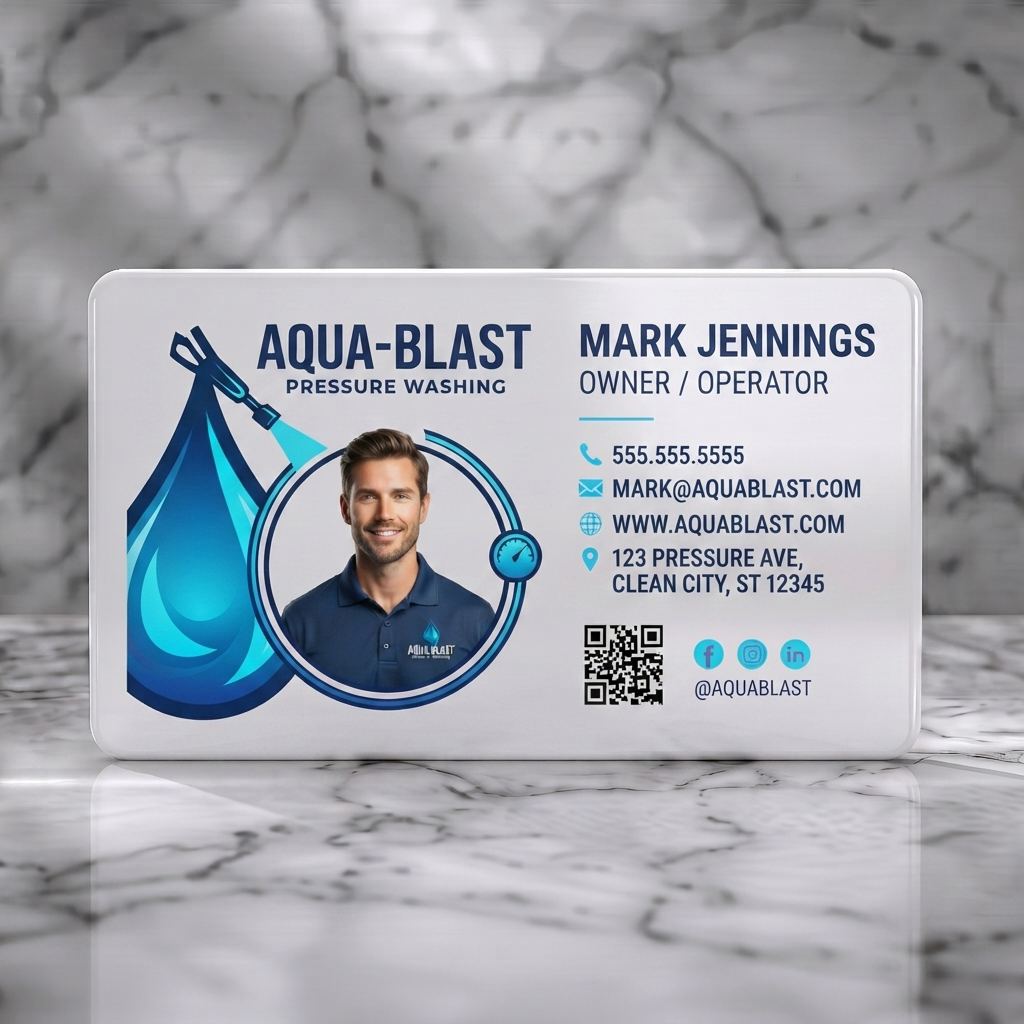 Solid white PVC business card featuring vibrant blue and white palette, water-themed graphics, crisp sans-serif typography, and essential contact icons