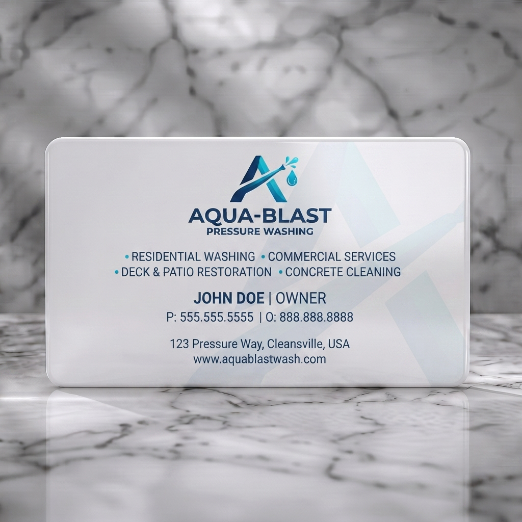 Solid white PVC business card featuring clean, modern design with blue water spray logo, sans-serif typography, and subtle geometric patterns