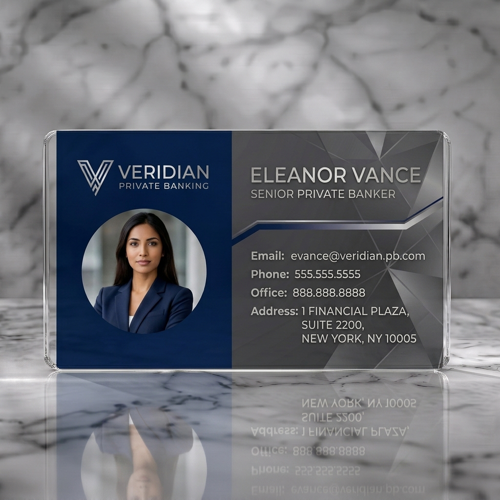Clear plastic business card featuring a sleek, professional design in navy and charcoal with silver accents, a V logo, and modern sans-serif fonts