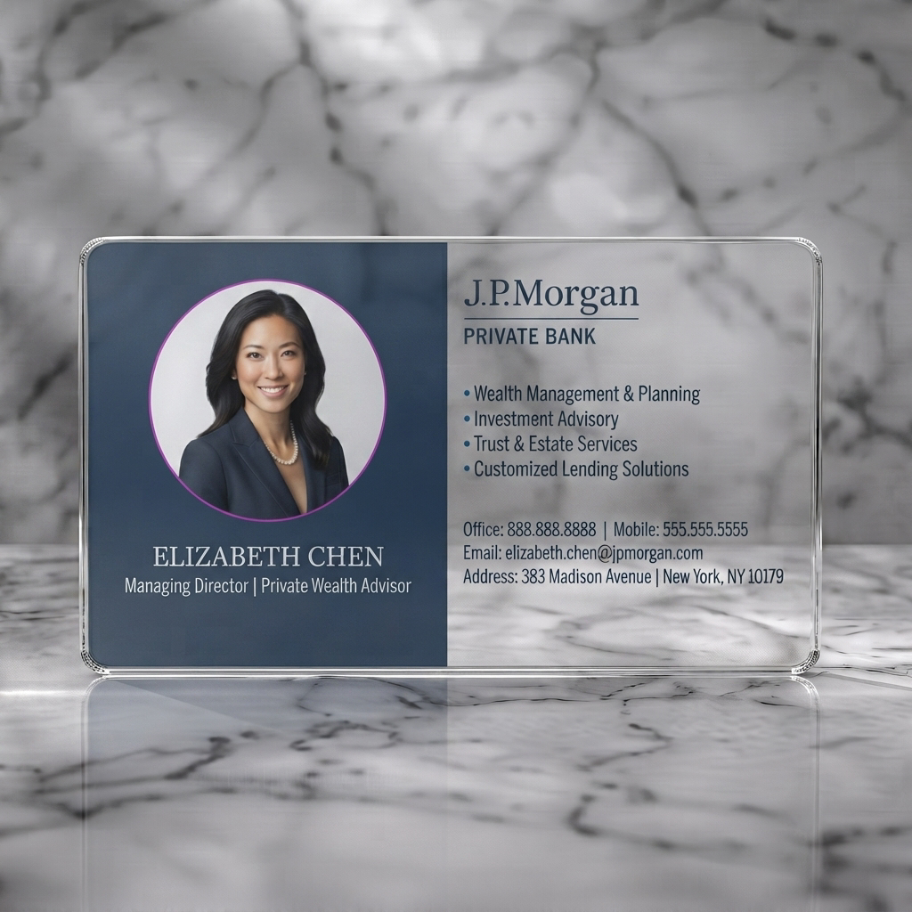 Clear plastic business card featuring a professional navy and white design, profile photo, varied typography, and corporate blue bullet points