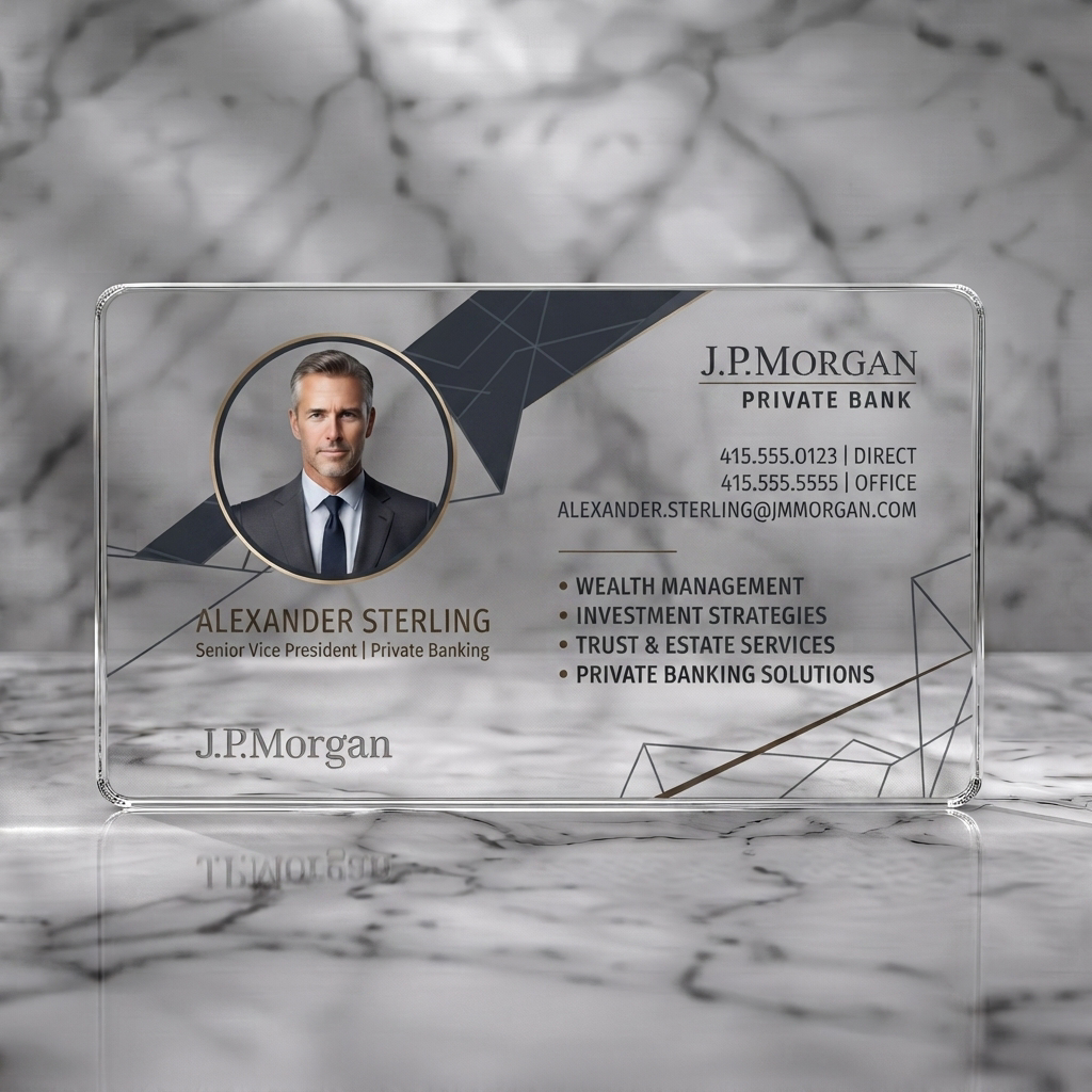 Clear plastic business card featuring elegant navy and gold design, professional typography, geometric lines, and a portrait