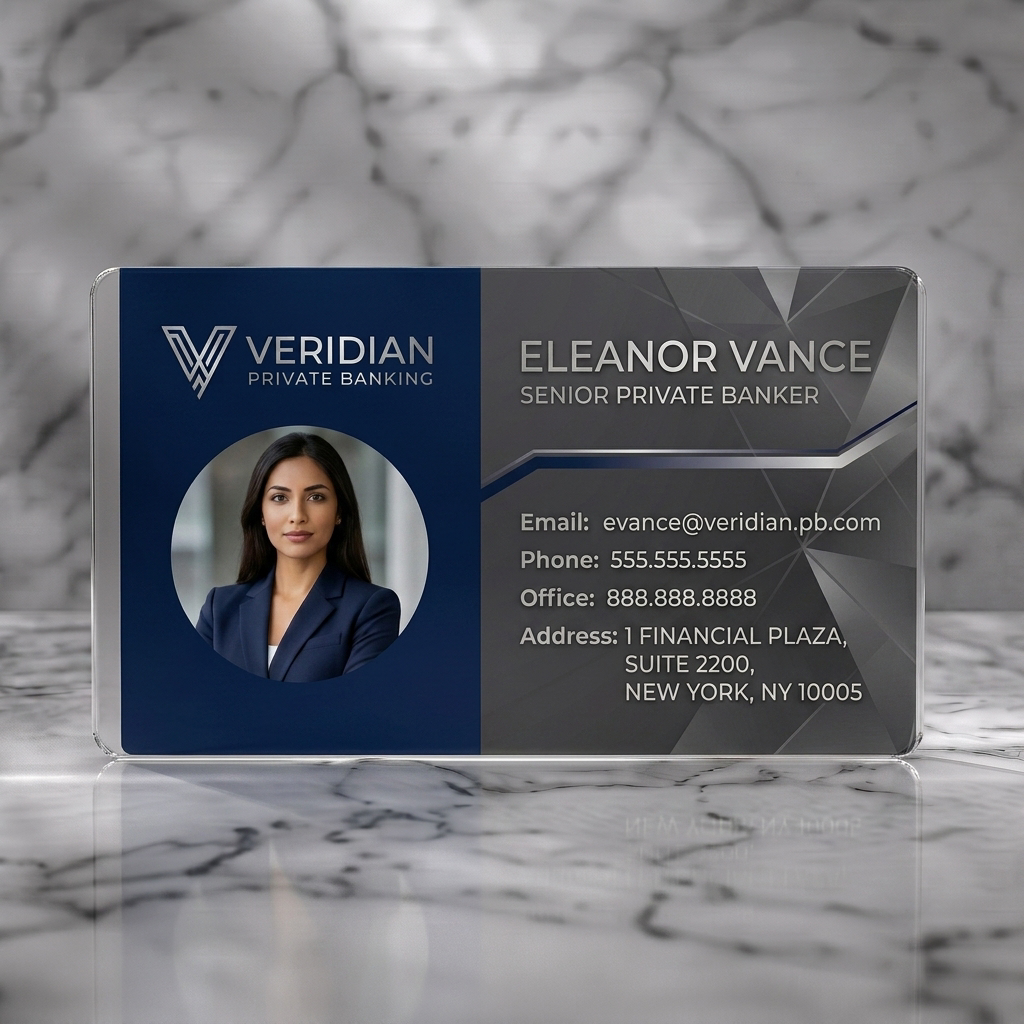 Frosted translucent plastic business card featuring a sleek, professional design in navy and charcoal with silver accents, a V logo, and modern sans-serif fonts