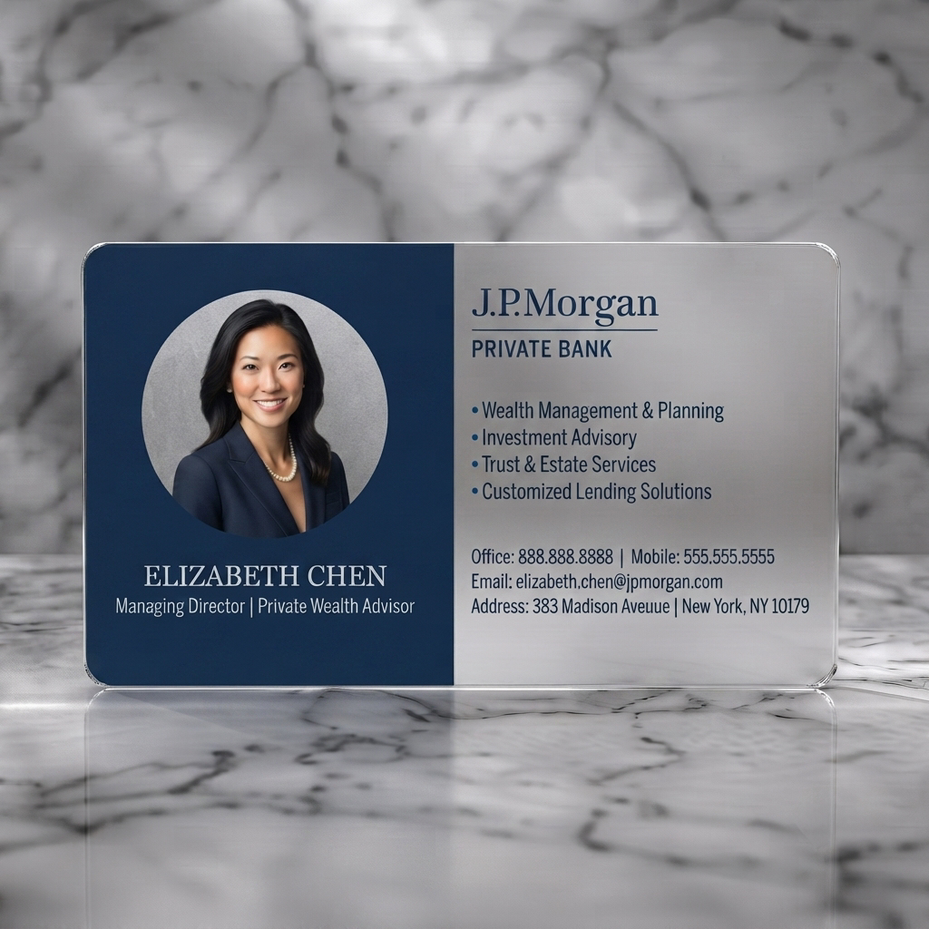 Frosted translucent plastic business card featuring a professional navy and white design, profile photo, varied typography, and corporate blue bullet points