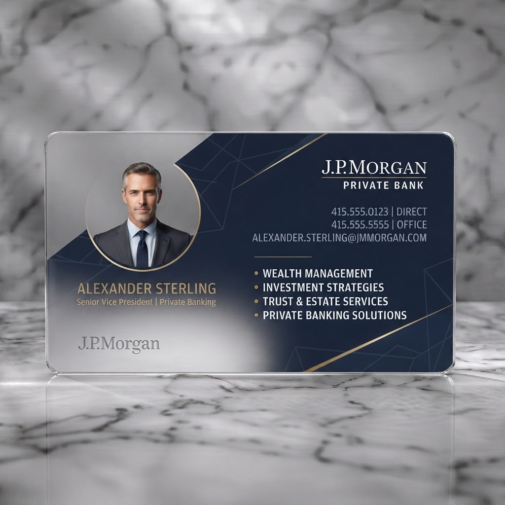 Frosted translucent plastic business card featuring elegant navy and gold design, professional typography, geometric lines, and a portrait