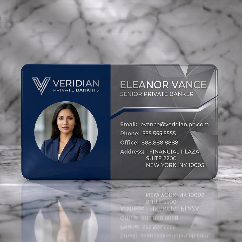 Solid white PVC business card featuring a sleek, professional design in navy and charcoal with silver accents, a V logo, and modern sans-serif fonts