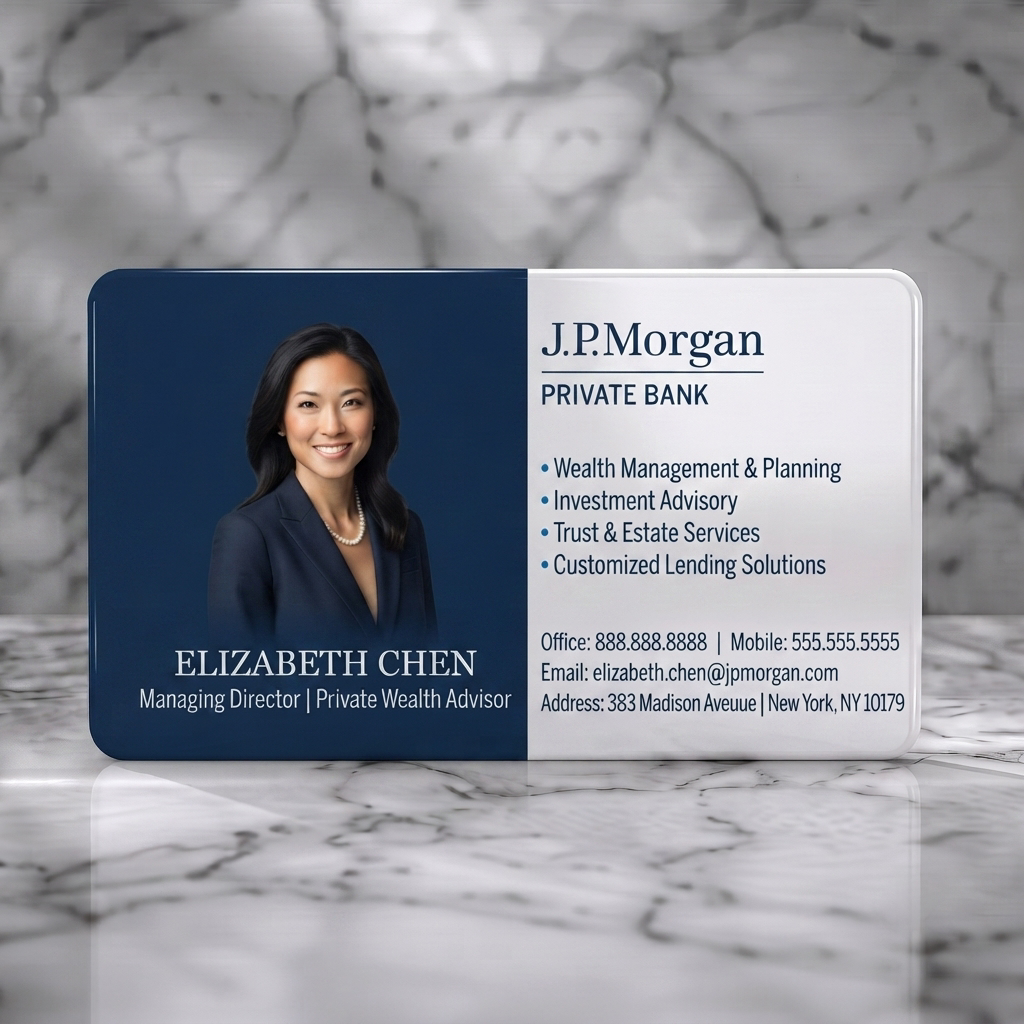 Solid white PVC business card featuring a professional navy and white design, profile photo, varied typography, and corporate blue bullet points
