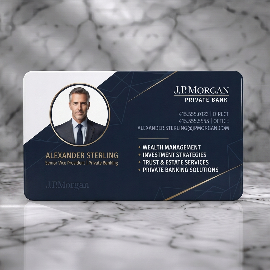 Solid white PVC business card featuring elegant navy and gold design, professional typography, geometric lines, and a portrait