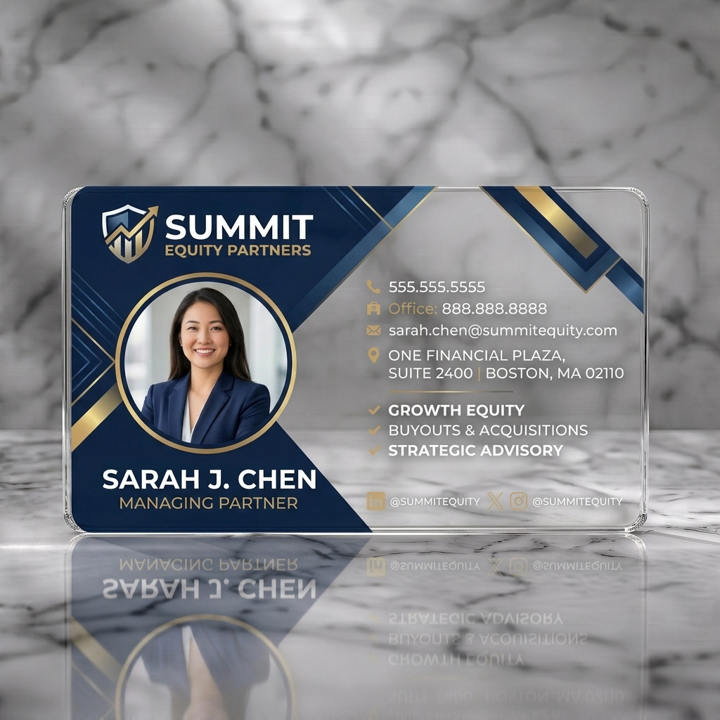 Clear plastic business card featuring professional navy and gold design, geometric patterns, clean sans-serif typography, minimalist icons