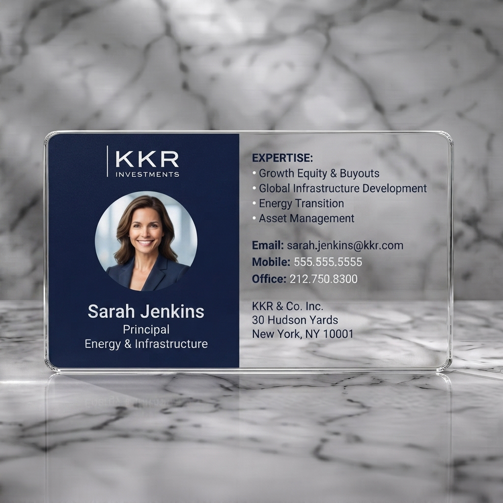 Clear plastic business card featuring a modern, professional navy and white design with clean sans-serif typography and a circular headshot
