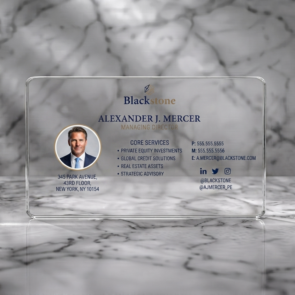 Clear plastic business card featuring a crisp white layout, navy and gold brand colors, elegant serif and modern sans-serif fonts, plus social media icons