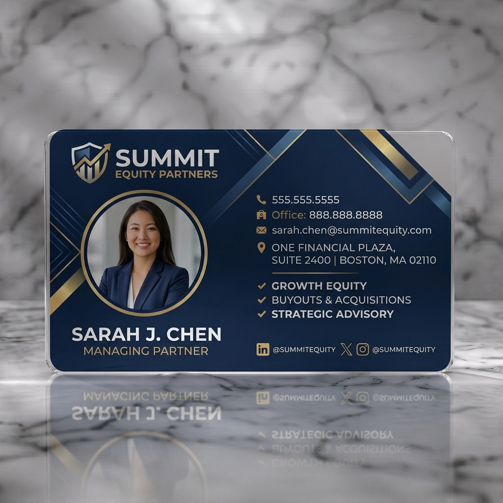 Frosted translucent plastic business card featuring professional navy and gold design, geometric patterns, clean sans-serif typography, minimalist icons