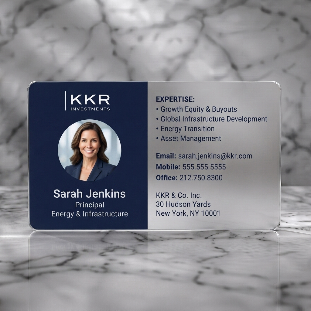 Frosted translucent plastic business card featuring a modern, professional navy and white design with clean sans-serif typography and a circular headshot