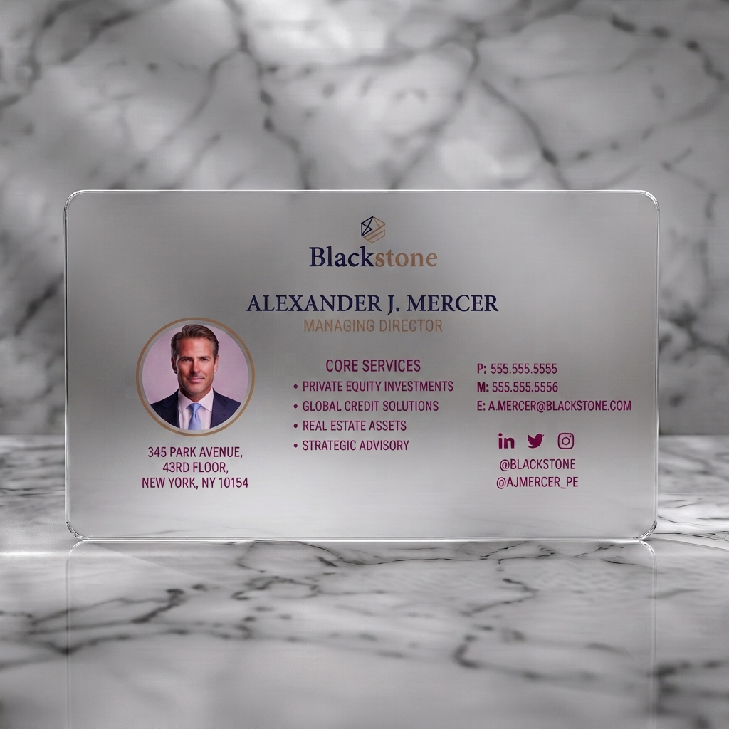 Frosted translucent plastic business card featuring a crisp white layout, navy and gold brand colors, elegant serif and modern sans-serif fonts, plus social media icons