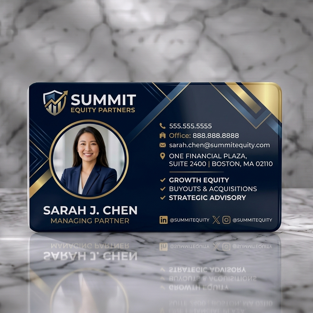 Solid white PVC business card featuring professional navy and gold design, geometric patterns, clean sans-serif typography, minimalist icons