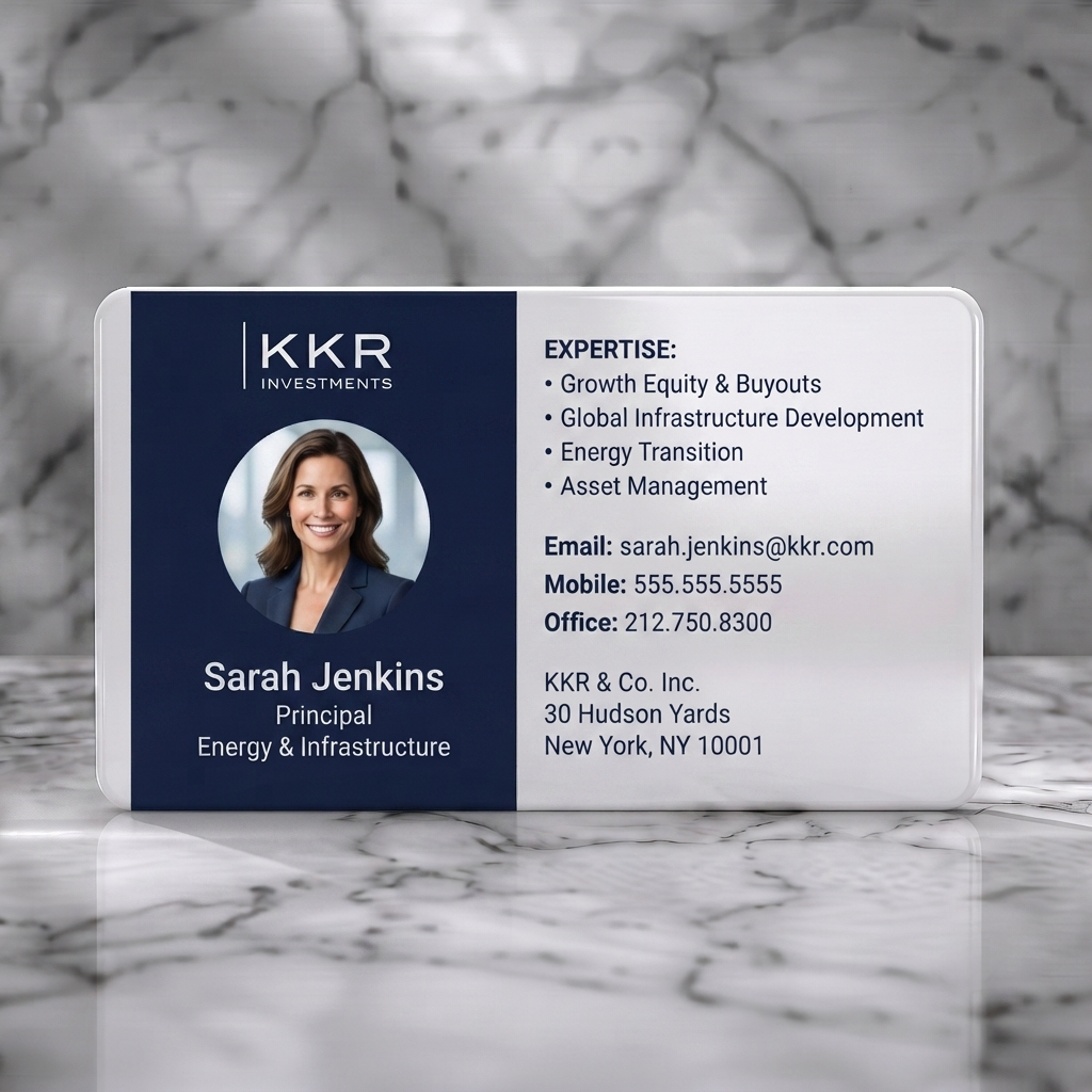 Solid white PVC business card featuring a modern, professional navy and white design with clean sans-serif typography and a circular headshot