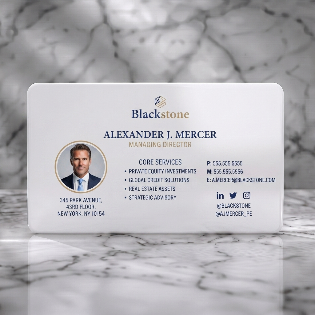 Solid white PVC business card featuring a crisp white layout, navy and gold brand colors, elegant serif and modern sans-serif fonts, plus social media icons