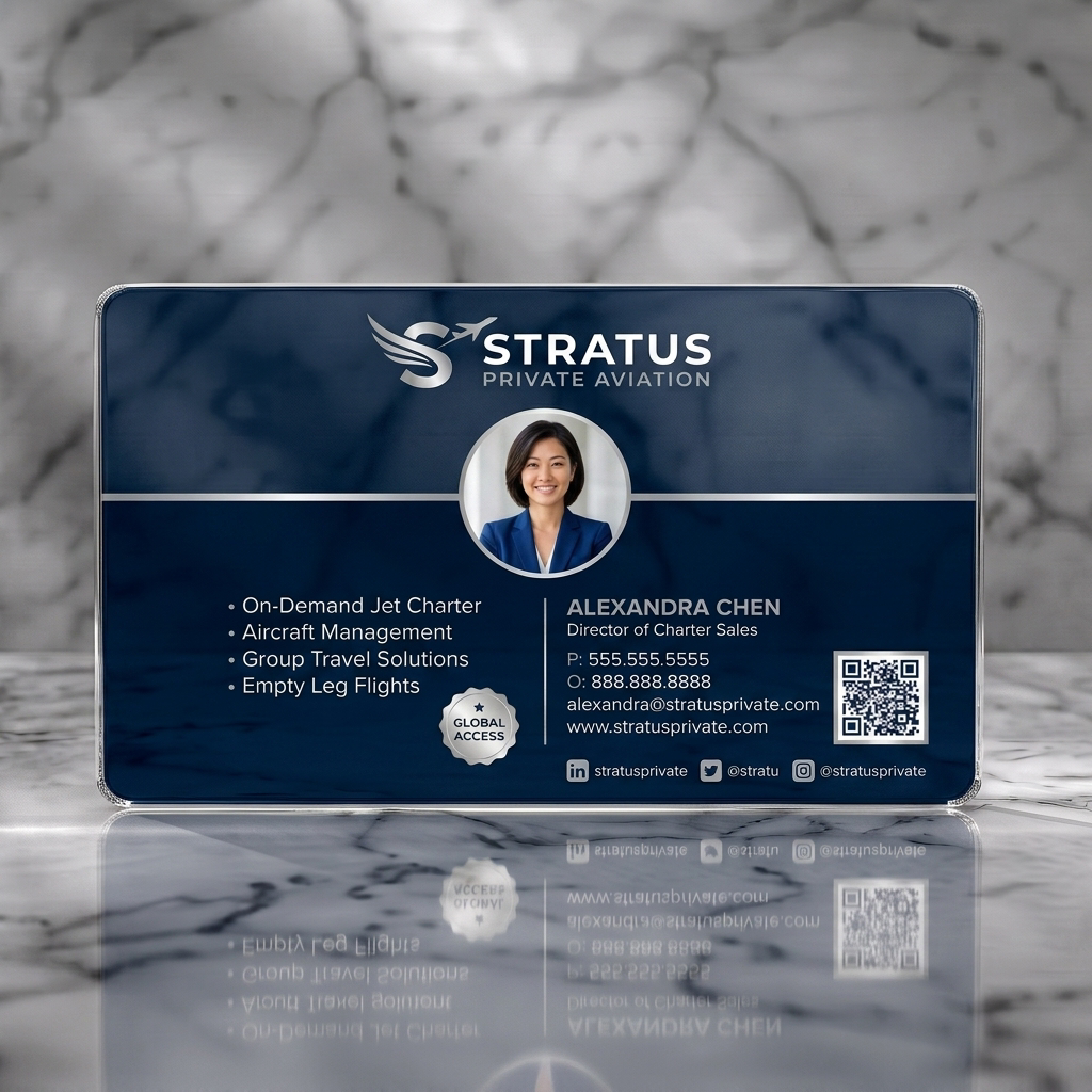 Clear plastic business card featuring elegant navy and silver design, clean sans-serif typography, professional photo, and modern icons