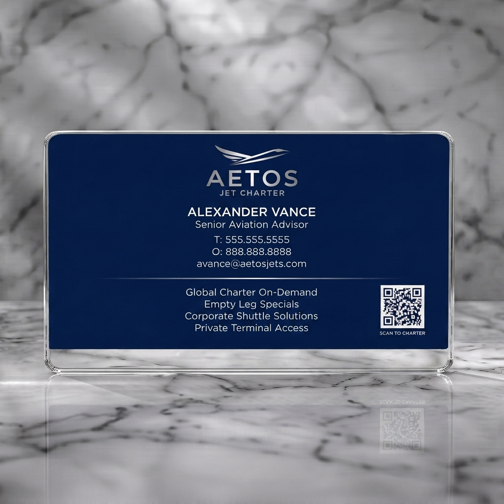 Clear plastic business card featuring a sleek navy blue and silver design, modern sans-serif typography, abstract jet logo, and QR code