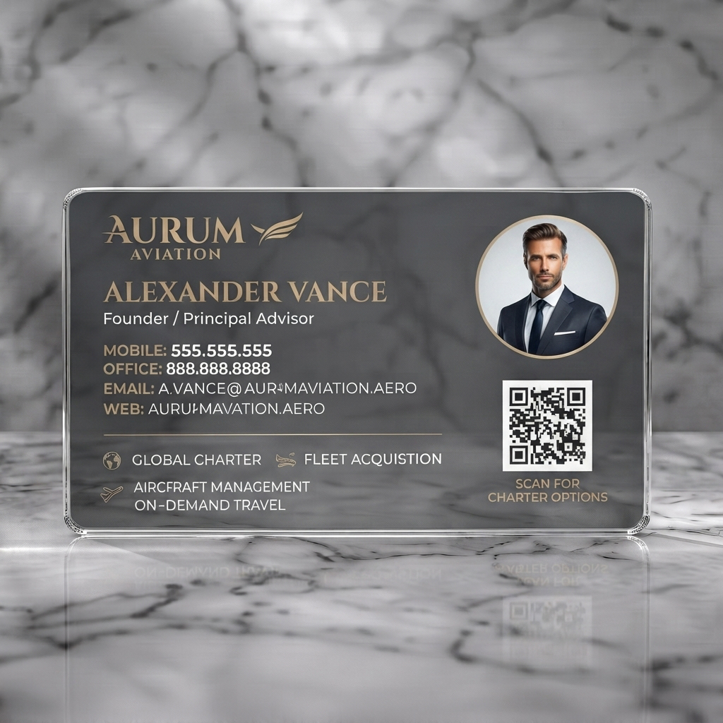 Clear plastic business card featuring luxurious charcoal and gold design, elegant serif/sans-serif fonts, professional photo, and aviation icons with QR